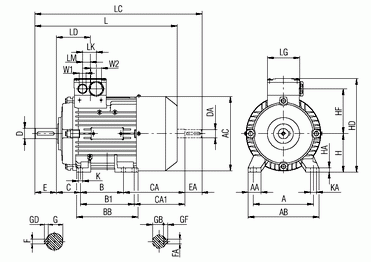Габаритные и присоединительные размеры электродвигателя 1LA9 с 56 по 90 габарит (IMB3-лапы)