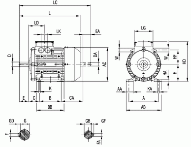 Габаритные и присоединительные размеры электродвигателя 1LA9 с 100 по 160 габарит (IMB3-лапы) 